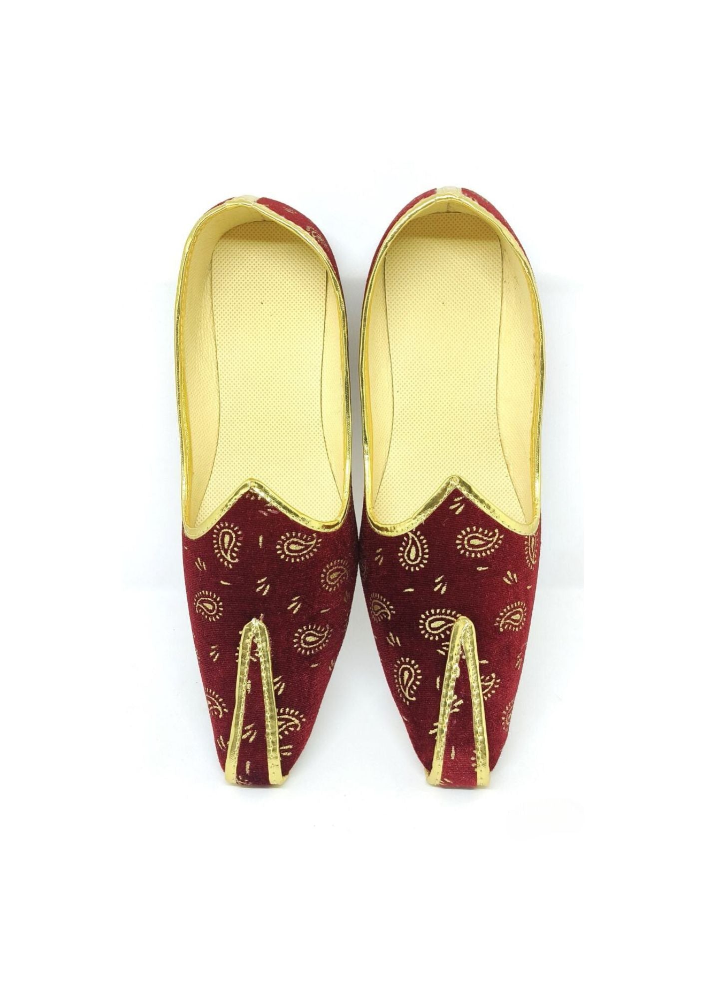 Attractive Maroon Color Golden Velvet Paisley Printed Mojaris For Men