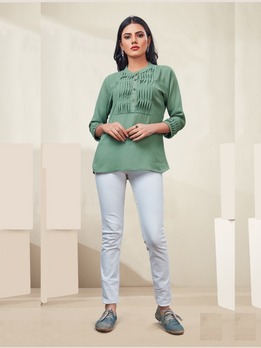 Fashionable Green Color Round Neck Women Top