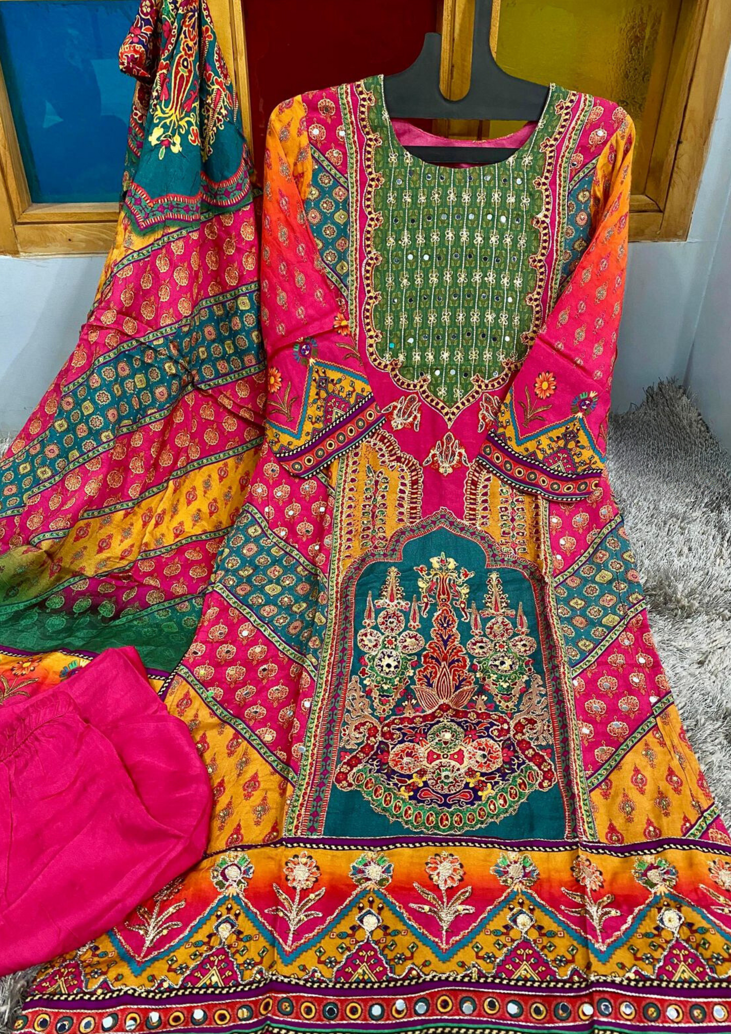 Beautiful Multicolor Viscose Muslin Palazzo Suit With Dupatta Near Me