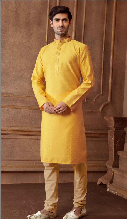 Attractive Yellow Color Poly Jacquard Kurta With Pajama Pant For Men