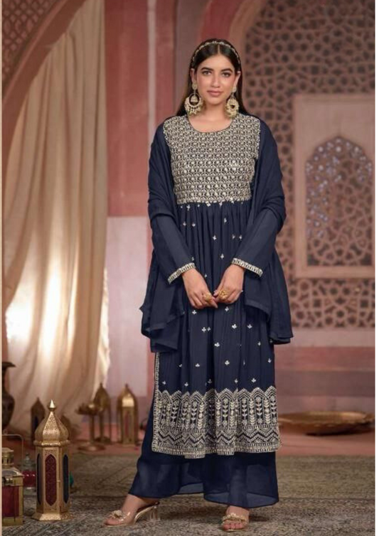 Beautiful Navy blue Georgette Embroidery Designer Palazzo Suits For Women