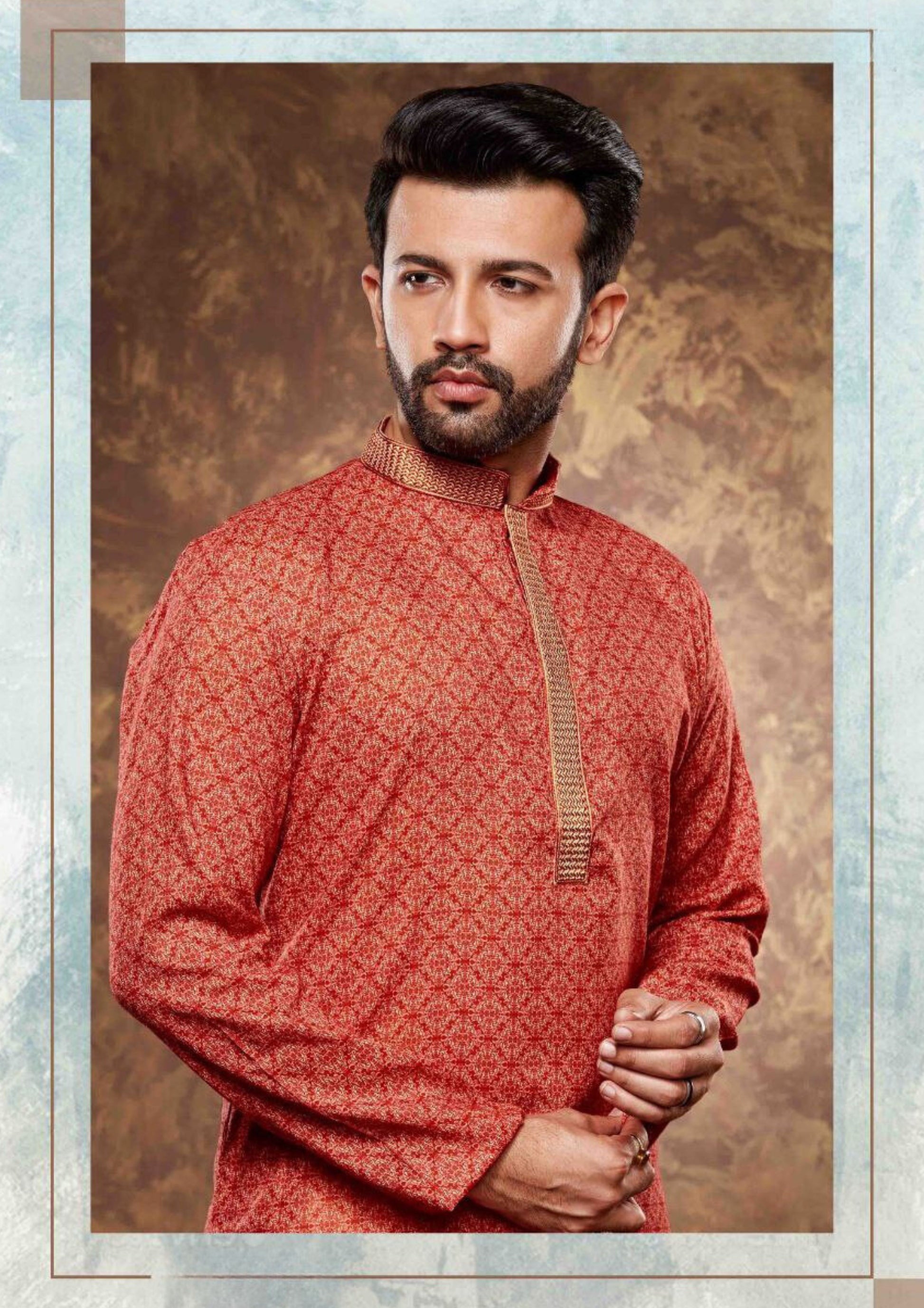 Red Color Poly Cotton With Digital Print Kurta For Men Near Me