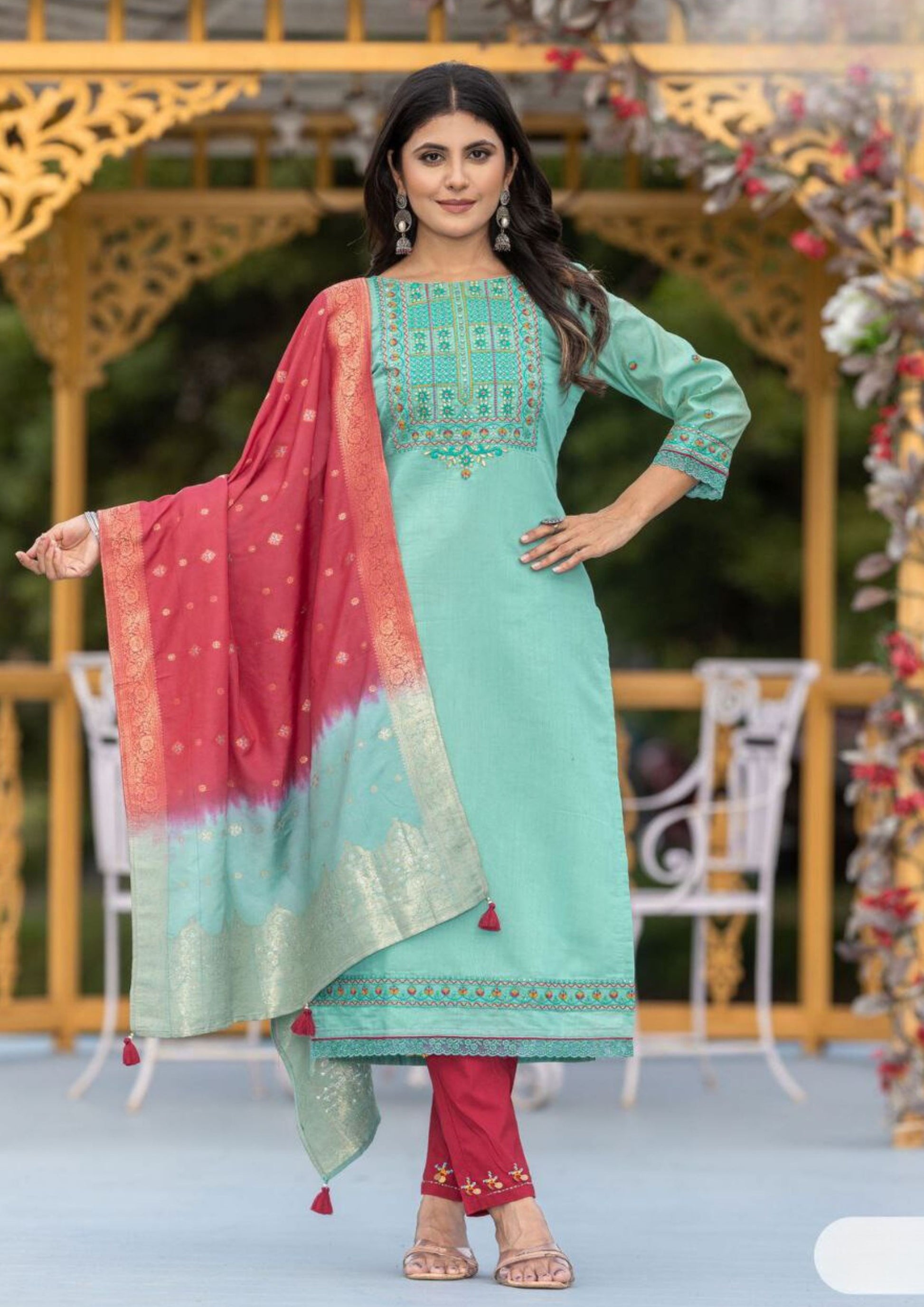 Beautiful Green Colored Simmer Thread And Hand Work Salwar Suits With Dupatta