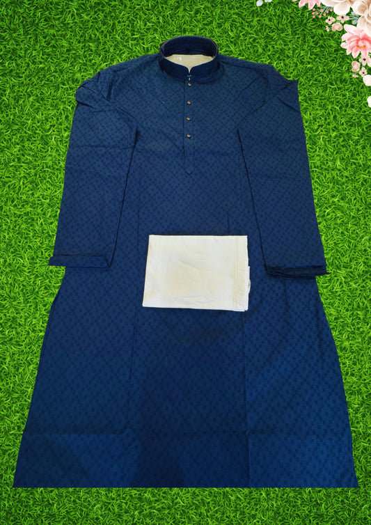 Appealing Blue Color Self Box Pattern Cotton Men Kurta With Pajama Sets