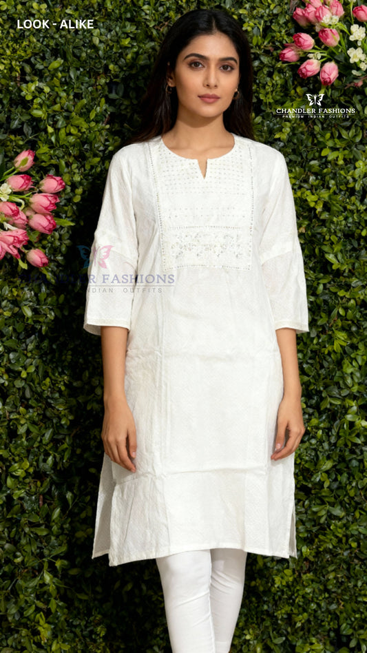 Appealing White Color Cotton With Embroidery And Sequins Work Kurti For Women