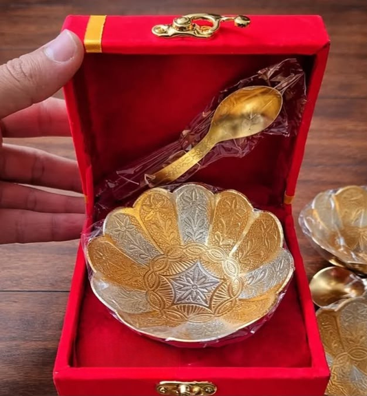 Traditional Gold And Silver Floral Bowl Gift Set With Decorative Spoon And Luxury Red Gift Box