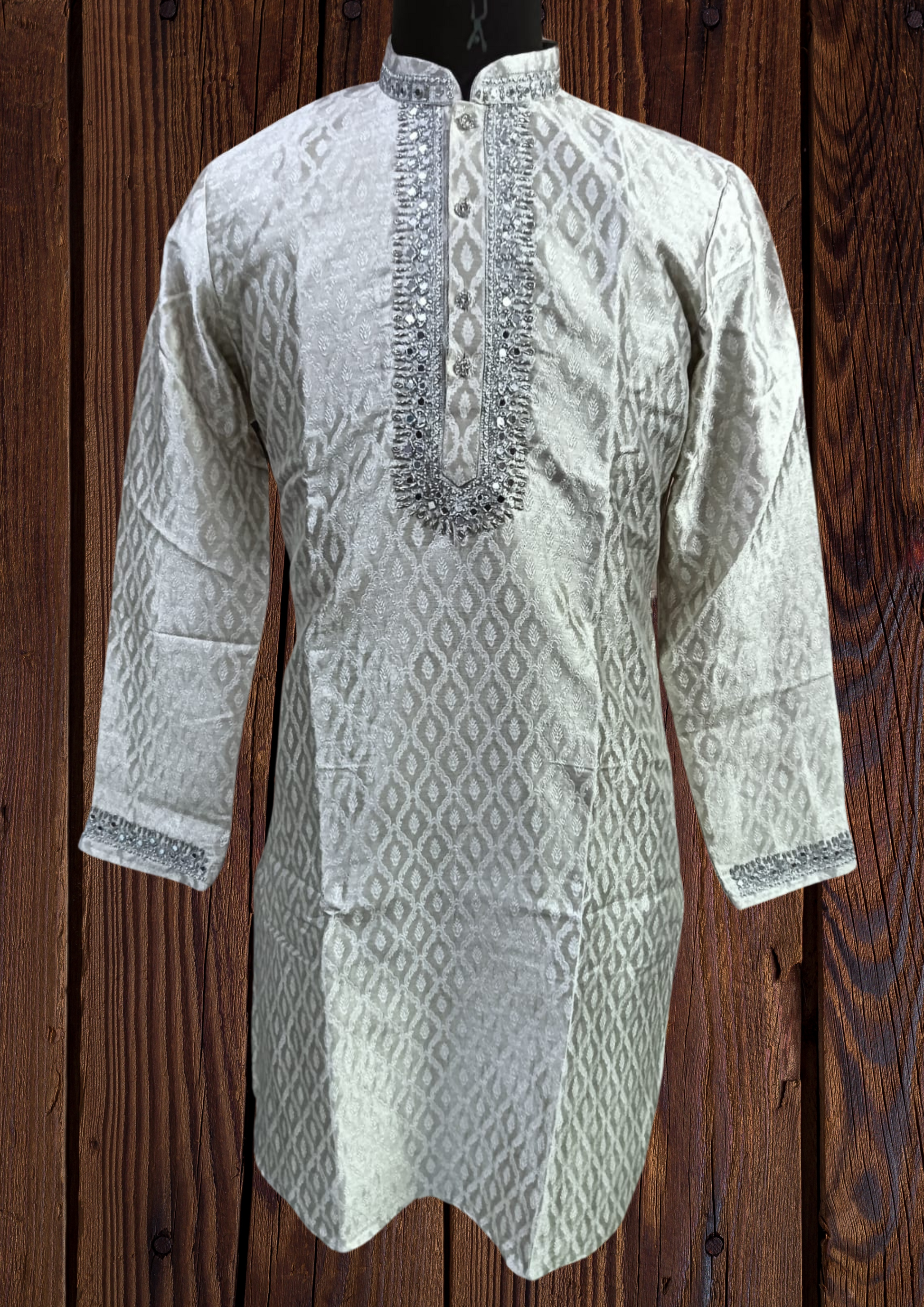 Dazzling Silver Color Mirror Embroidery Work Kurta With Pajama Sets For Men