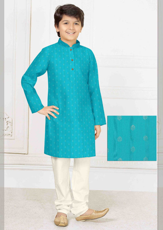 Dazzling Blue Designer Poly Blended Kurta Pajama Set For Kids