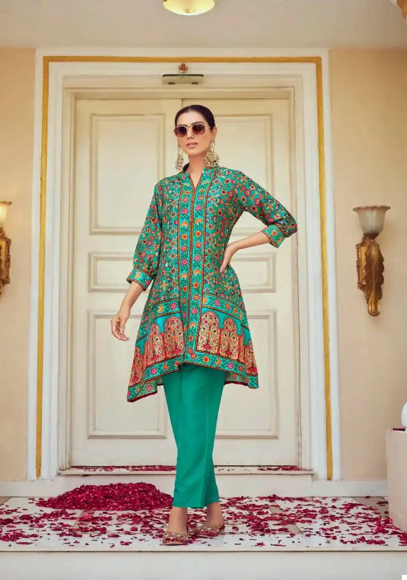 Alluring Teal Green Colored Floral Design Tusser Silk Kurti With Pant For Women 