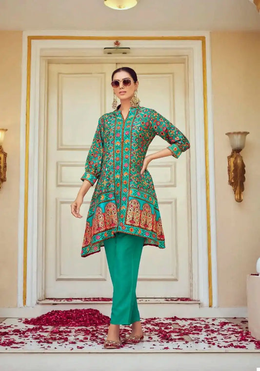Alluring Teal Green Colored Floral Design Tusser Silk Kurti With Pant For Women 
