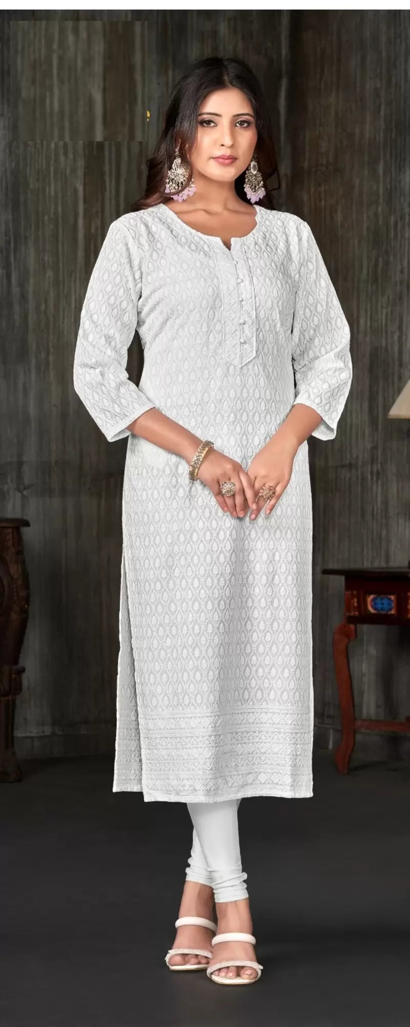 Wonderful white Color Rayan With Embroidery Kurti With Dupatta