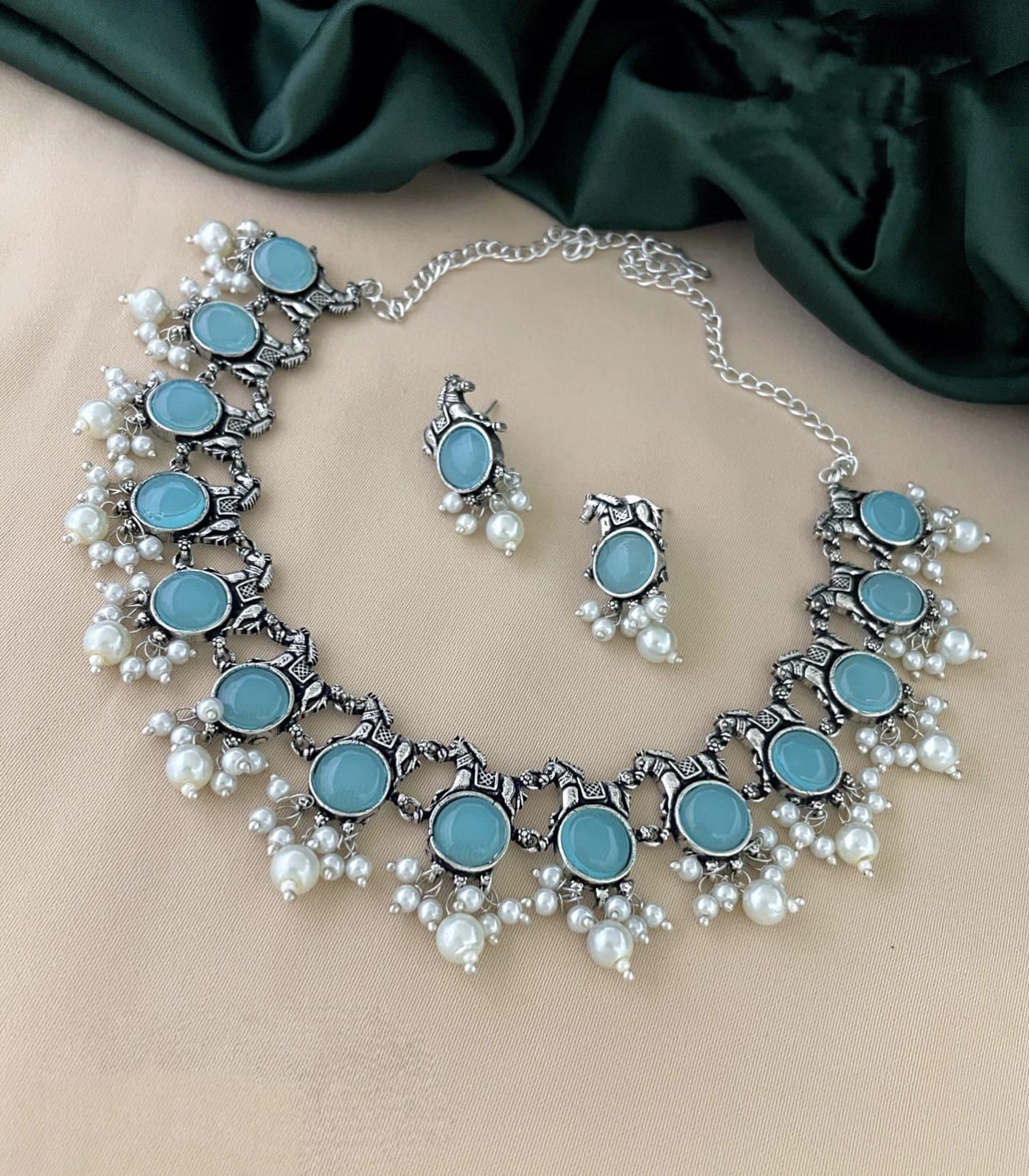 Sky Blue Stone Beaded Oxidized Necklace With Earrings in Phoenix