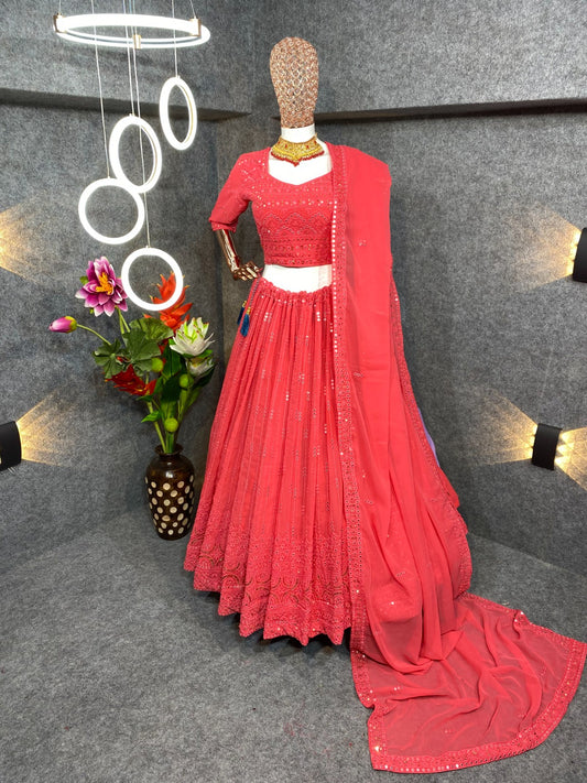 Pleasing Red Color Malay Satin Embroided Lehenga With Zari Work For Women