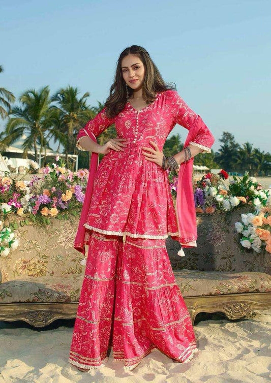 Lovely Pink Color Designer Sharara Suit With Heavy Embroidery Work And Dupatta