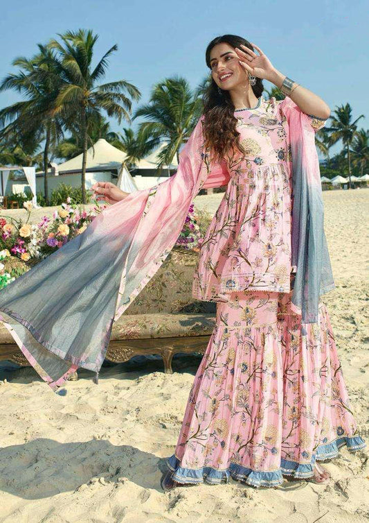 Gorgeous Light Pink Color Floral Printed Sharara Suit With Embroidery Work