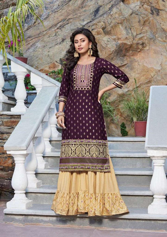 Alluring Violet Color Kurti With Heavy Embroidery work And Sharara Pants