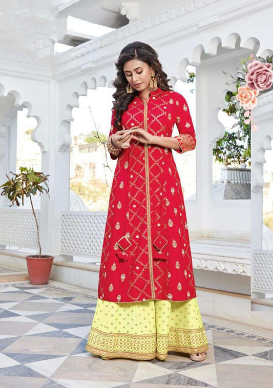 Elegant Red Color Rayon Kurti Suit With Embroidery Work And Sharara Pants