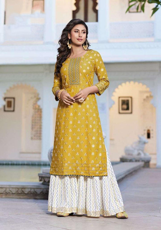 Pleasing Yellow Color Designer Rayon Kurti Suits With Heavy Embroidery work
