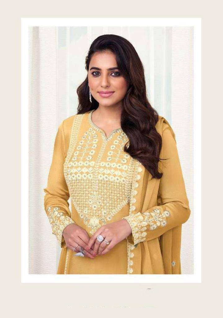  Yellow Color Chinon With Thread Embroidery Work Designer Palazzo Suits  in USA