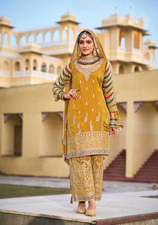 Alluring Yellow Color Silk Embroidery Work Kurti Palazzo Pant With Dupatta
