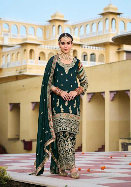 Dazzling Dark Green Color Embroidery Work Kurti With Palazzo Suit Sets