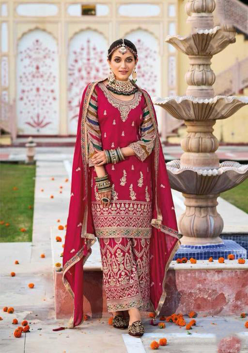 Amazing Pink Color Silk Embroidery Palazzo Suits Kurti With Dupatta