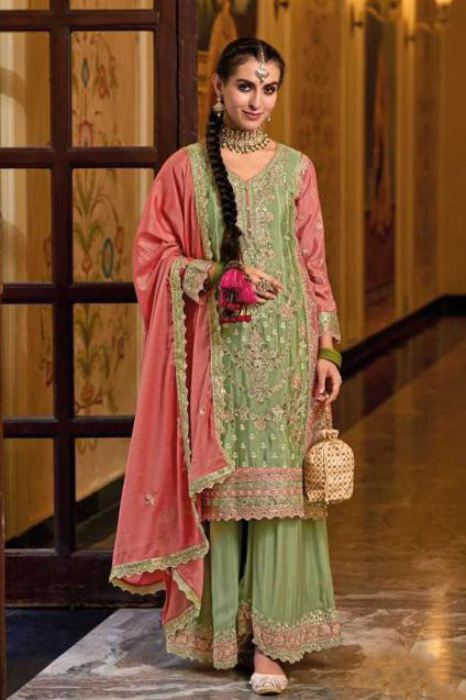 Charming Green Color Chinon Embroidery Work Palazzo Suit Sets For Women
