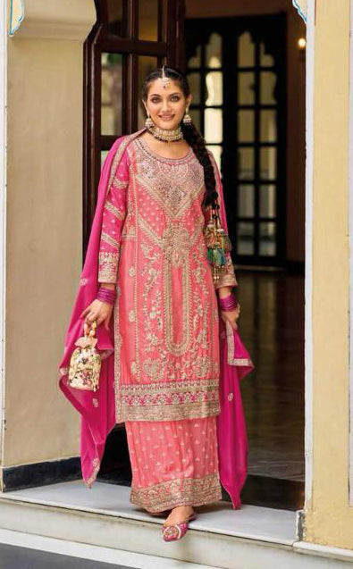 Dazzling Pink Color Chinon Embroidery Work Kurti Palazzo Pant With Dupatta