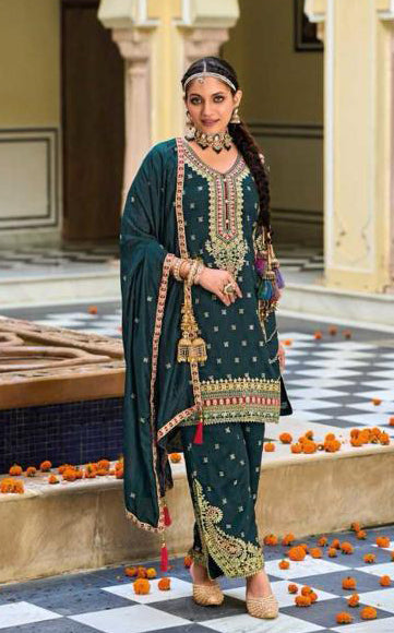 Elegant Green Color Silk Embroidery Kurti With Palazzo Suits For Women