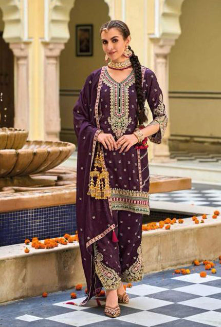 Appealing Violet Color Silk Embroidery Kurti With Palazzo Suit Sets For Women