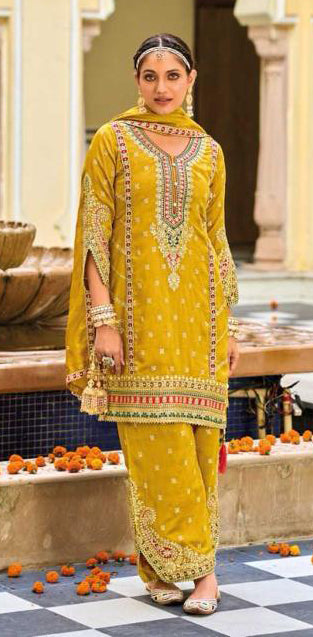 Amazing Yellow Color Premium Silk Embroidery Work Kurti With Palazzo Sets