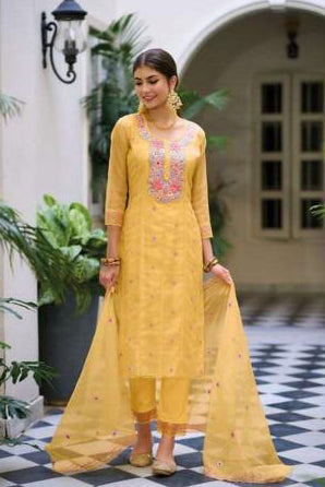 Amazing Yellow Color Heavy Organza Fancy Embroidery Kurti Salwar Suits With Dupatta