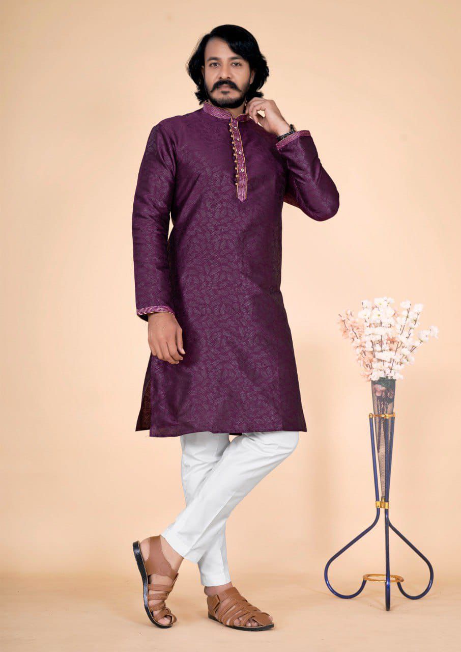 Attractive Traditional Purple Color Men's Kurta With Pajama Pant 