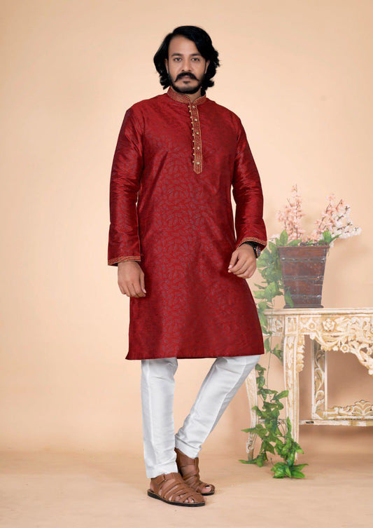 Elegant Traditional Red Color Men's kurta With Pajama Pant 