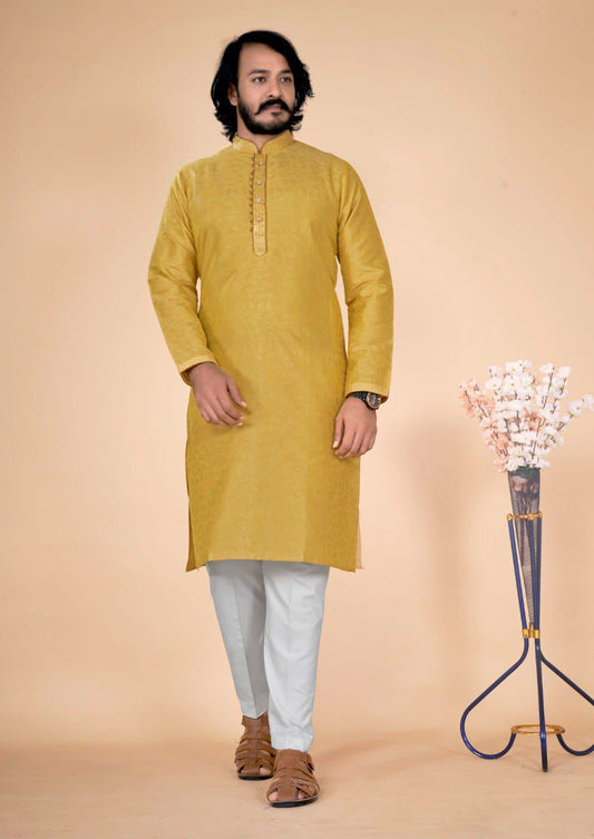 Attractive Traditional Yellow Color Men's Kurta With Pajama Pant 