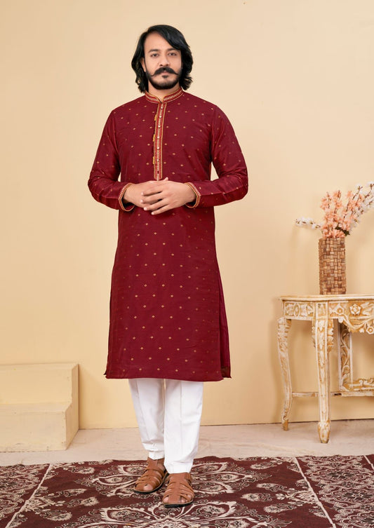 Alluring Red Color Fancy Kurta With Pajama Set For Men