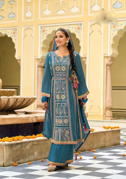 Ravishing Teal Blue Premium Silk And Embroidered Work Palazzo Suits With Fancy Dupatta