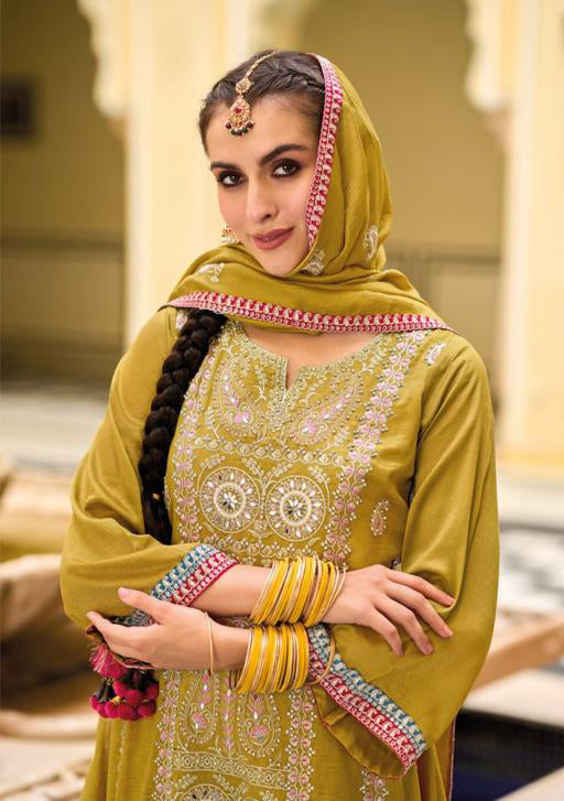 Appealing Mustard Yellow Designer And Embroidered Work Palazzo Suits With Fancy Dupatta In USA