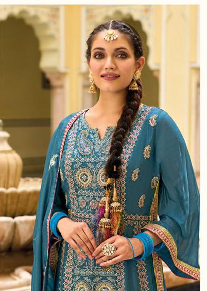 Ravishing Teal Blue Premium Silk And Embroidered Work Palazzo Suits With Fancy Dupatta In Casagrande