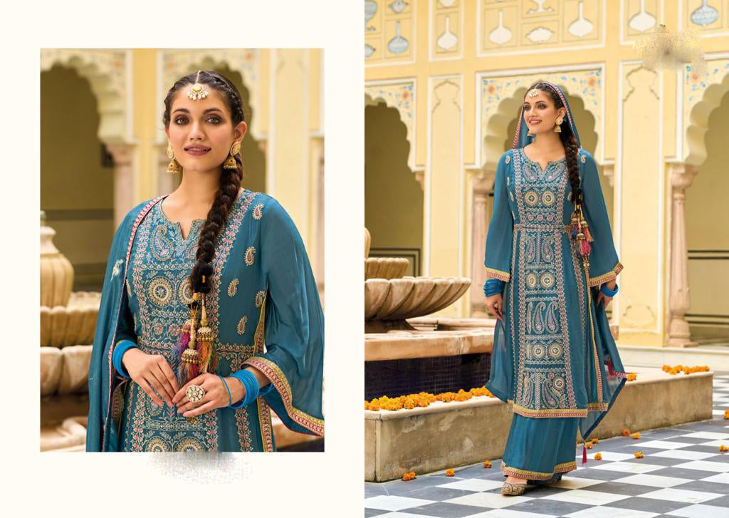 Ravishing Teal Blue Premium Silk And Embroidered Work Palazzo Suits With Fancy Dupatta Near Me
