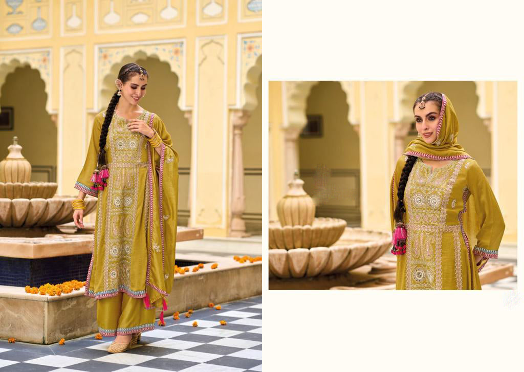 Appealing Mustard Yellow Designer And Embroidered Work Palazzo Suits With Fancy Dupatta Near Me