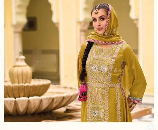 Appealing Mustard Yellow Designer And Embroidered Work Palazzo Suits With Fancy Dupatta In Yuma