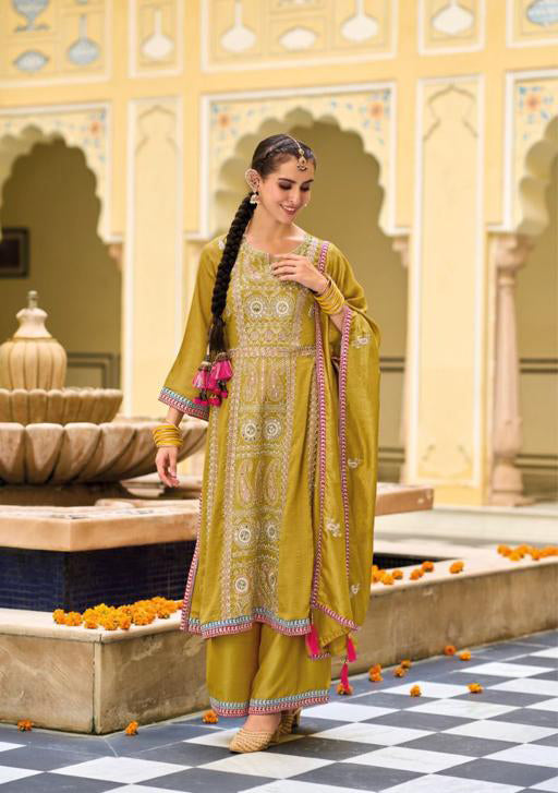 Appealing Mustard Yellow Designer And Embroidered Work Palazzo Suits With Fancy Dupatta