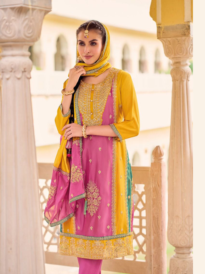 Aesthetic Pink And Yellow Color Heavy Chinon Embroidered Work Salwar Suits With Embroidery Dupatta In Tempe