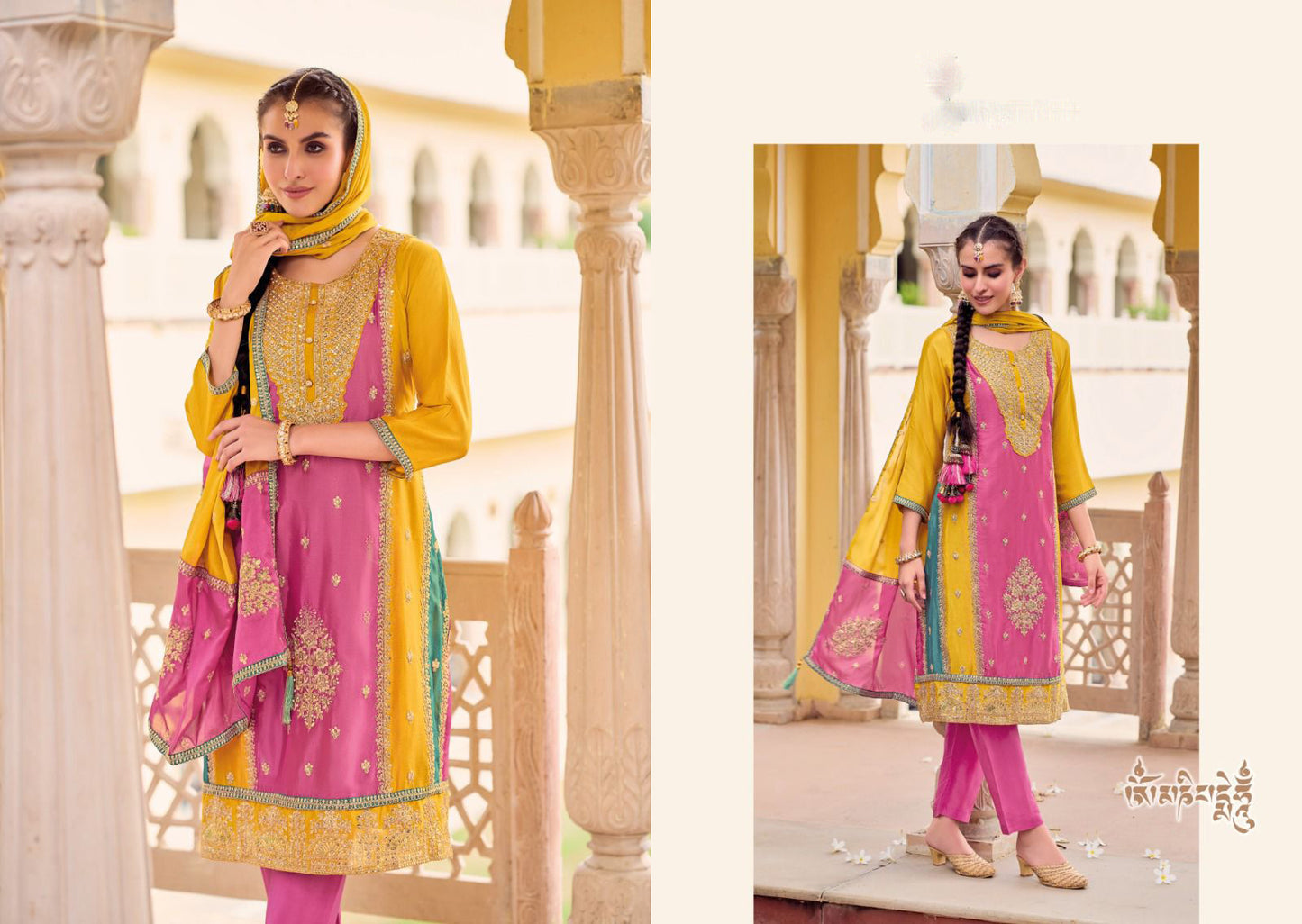 Aesthetic Pink And Yellow Color Heavy Chinon Embroidered Work Salwar Suits With Embroidery Dupatta Near Me