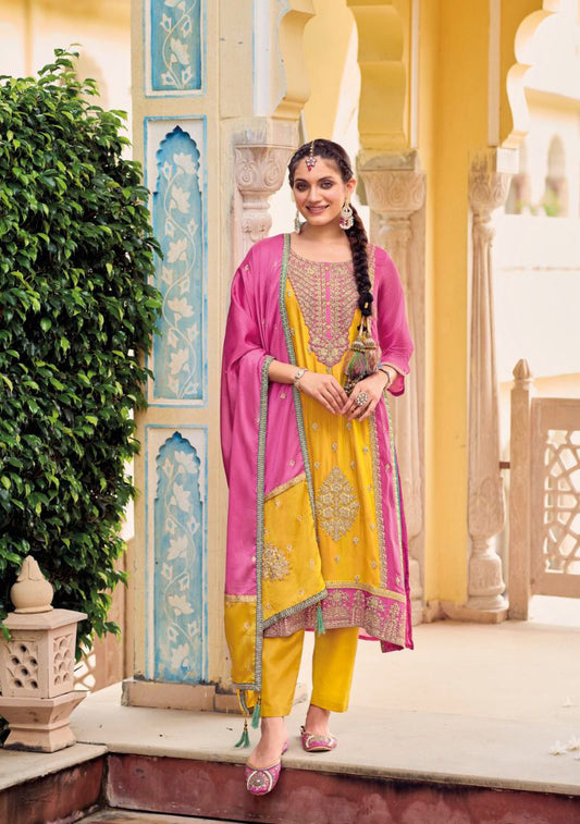 Fascinating Yellow And Pink Color Heavy Chinon Embroidered Work Salwar Suits With Fancy Dupatta
