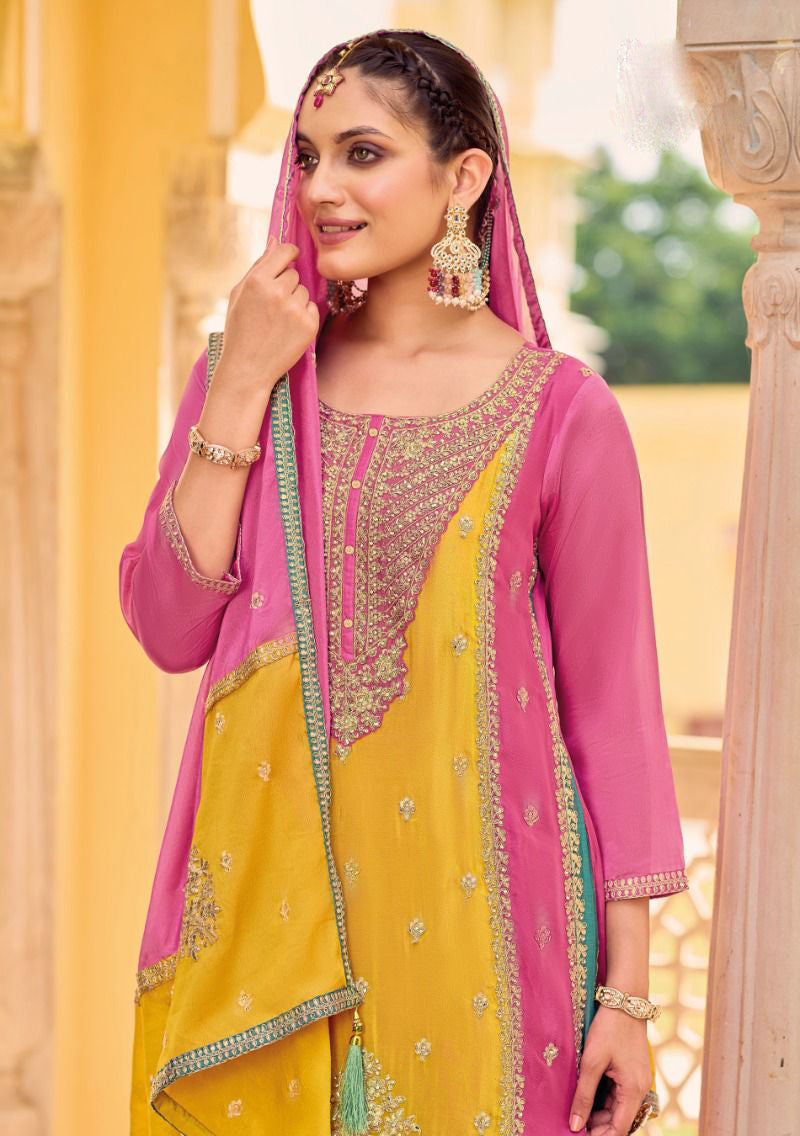 Fascinating Yellow And Pink Color Heavy Chinon Embroidered Work Salwar Suits With Fancy Dupatta In Peovia
