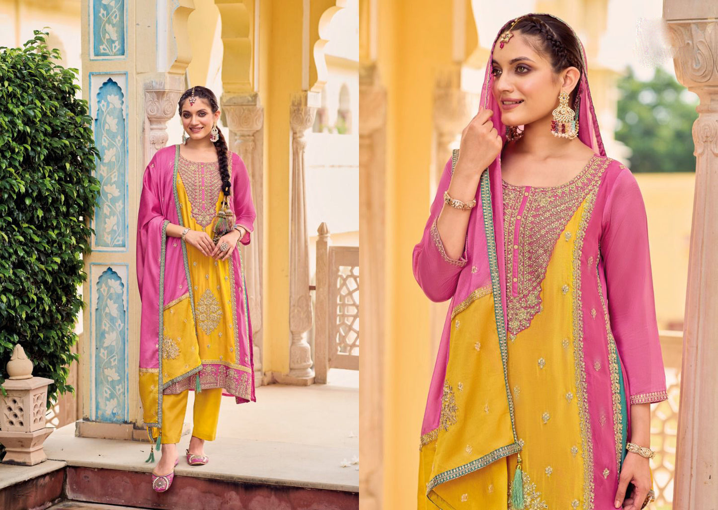 Fascinating Yellow And Pink Color Heavy Chinon Embroidered Work Salwar Suits With Fancy Dupatta Near Me