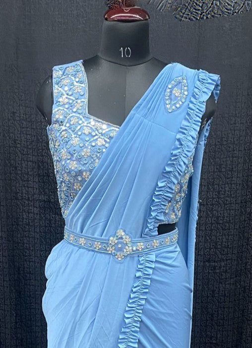 Gorgeous Skyblue Color Ready To Wear One Minute Lycra Designer Saree For Women Near Me