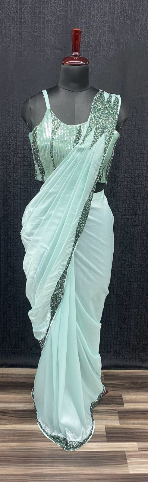 Pleasing Pista Color Ready To Wear One Minute Lycra Designer Saree